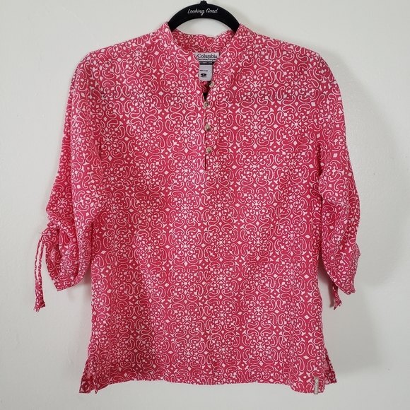 Columbia Popover Shirt Small Red Crinkle Gauze Mandala Floral Boho Outdoors - Picture 1 of 8